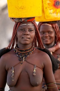 Himba woman fetching water, heavy water bucket on their heads, traditional Himba, Kaokoveld,