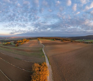 Aerial view of fields and autumn forest on Grossauer Höhe, Berndorf, Lower Austria, Austria