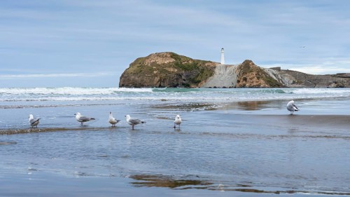 Castlepoint Beach with lighthouse on the rock, seagulls on the beach. Castlepoint, Wairarapa Coast,
