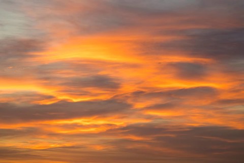 Abstract cloud formations in bright orange against a pastel colored sky, Baden-Württemberg, Germany