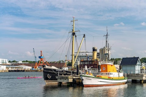 Museum ships Sea Rescue Cruiser Hindenburg and the Buzzard at the Seegarten Museum Bridge of the