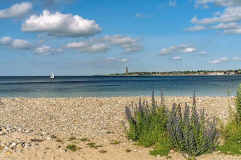 View of Laboe from Falkensteiner Beach with the Naval Memorial on the Kiel Fjord, Kiel,