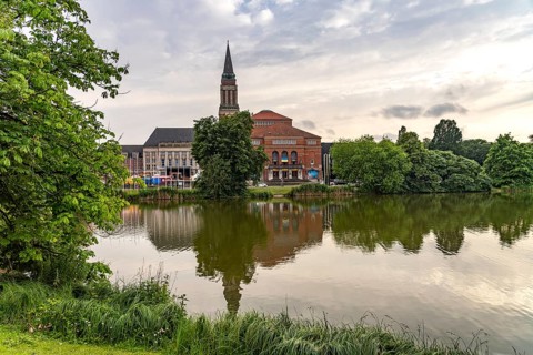Kleiner Kiel, Kiel Opera House and City Hall Tower in Kiel, Schleswig-Holstein, Germany