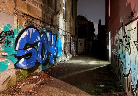 Decaying façade smeared with graffiti, scrap property in a no-go area, Gelsenkirchen, Ruhr area,