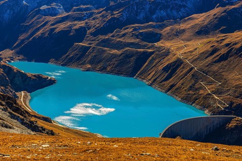 The dam and turquoise lake Lac de Moiry, Val d'Anniviers, Valais Alps, Canton of Valais,