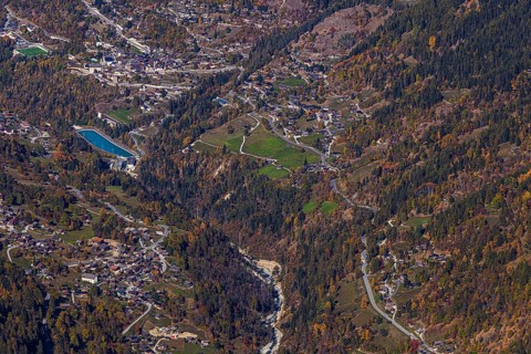 The Val d'Anniviers valley with the villages of St-Jean and Vissoie, aerial view, Valais Alps,