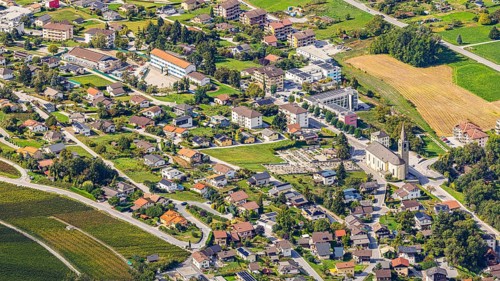 The village of Chalais with the church, view of Vercorin, Val d'Anniviers, Valais Alps, Canton of
