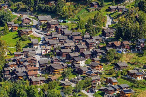The historic town center of Mission, aerial view, Val d'Anniviers, Valais Alps, Canton of Valais,