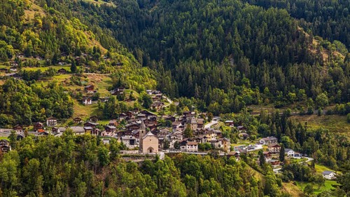 The mountain village of Vissoie with the Sainte-Euphemie church, Val d'Anniviers, Valais Alps,