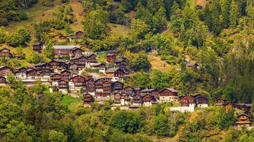 The mountain village of Pinsec, Val d'Anniviers, Valais Alps, Canton of Valais, Switzerland