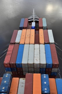Aerial view of shipping container, container ship NORDIC PORTO photographed from above, Kiel Canal,
