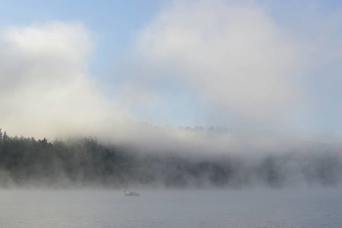 Hennesee, fog, rising clouds of fog, anglers in the boat, blue sky, Hennetalsperre,
