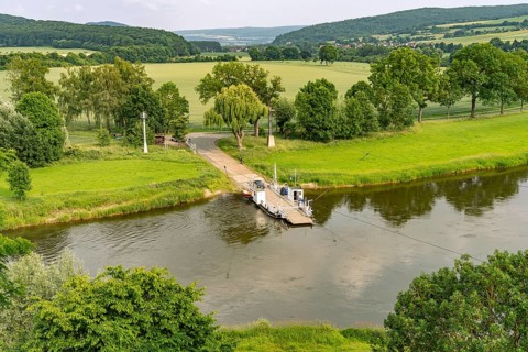 The Weser ferry in Polle seen from above, Samtgemeinde Bodenwerder-Polle, Lower Saxony, Germany