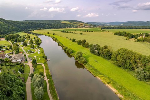 Campground and the Weser near Polle seen from the air, Polle, Samtgemeinde Bodenwerder-Polle, Lower