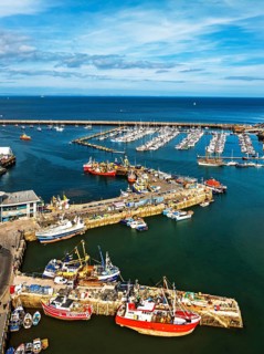 Brixham Hourbour and Brixham Marina from a drone, Brixham, Torbay, Devon, England, United Kingdom