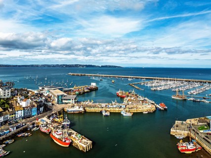 Brixham Hourbour and Brixham Marina from a drone, Brixham, Torbay, Devon, England, United Kingdom