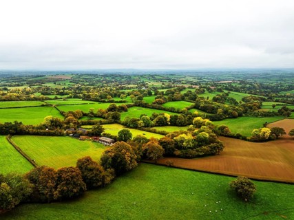 Autumn colours over Wales Farms and Fields from a drone, Grosmont, Abergavenny, Monmouthshire,