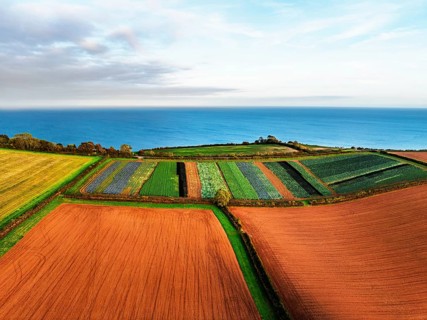 Colours of autumn Fields and Farms over Sheldon from a drone, Torbay, Devon, England, United