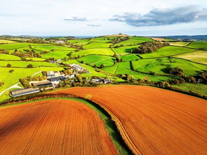 Colours of Devon Farms and Fields over Paignton and Berry Pomeroy from a drone, Totnes, England,