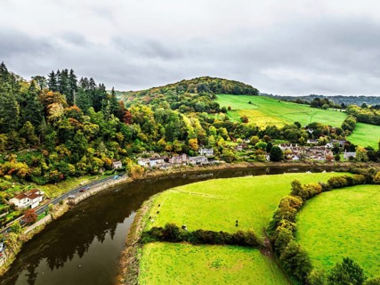 Autumn over Wye Valley and River Wye from a drone, Tintern, Chepstow, Monmouthshire, Wales, UK