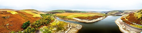 Autumn over Craig Goch Dam from a drone, Elan Valley Reservoirs, Elan Valley, Rhayader, Powys,