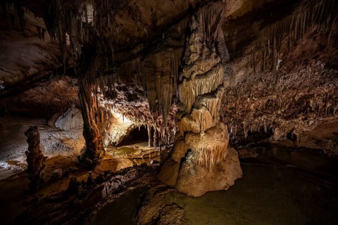 Stalactites and stalagmites, rock formations in a stalactite cave, Grotta del Fico, Gulf of Orosei,