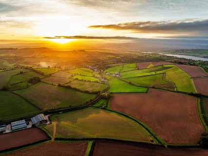 Colours of autumn Fields and Farms over Sheldon from a drone, Torbay, Devon, England, United
