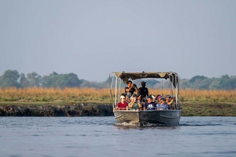 Tourist safari boat in Chobe River, Chobe Waterfront, Ihaha, Chobe National Park, Botswana