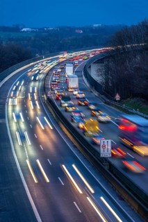 Evening traffic on the A52 motorway, between Düsseldorf and Essen, at the Ruhr Valley Bridge,