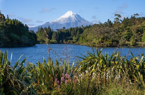 Lake Mangamahoe with views of Mount Taranaki. Egmont National Park, Taranaki Region, North Island,