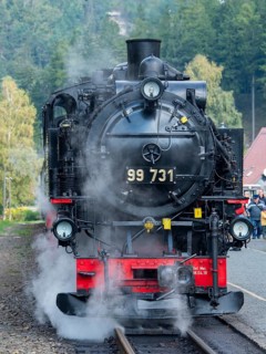 Old steam train in Oybin train station, Zittau Mountains, Saxony, Germany