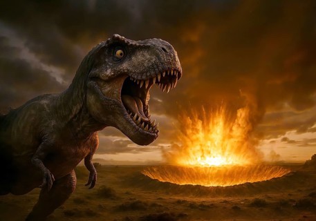 A Tyrannosaurus rex hunts looks startled at a fiery asteroid that hits the earth, symbol carnivore,