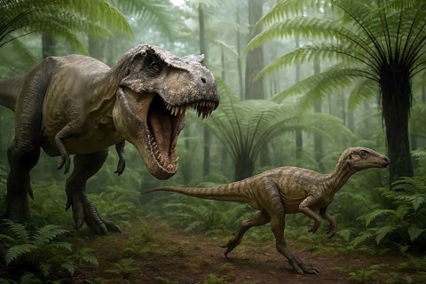 A Tyrannosaurus rex hunts a small dinosaur in a prehistoric forest of ferns, symbol carnivore,