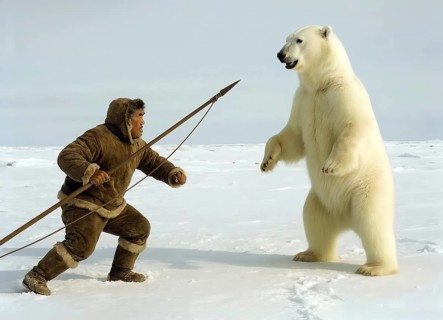 An Inuit hunts a polar bear in the snowy Arctic, symbol Eskimo, polar region, winter, hunting,