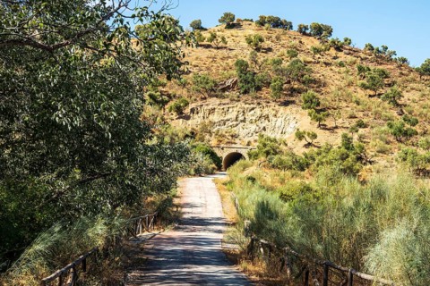 Cycle path Via Verde de la Sierra, path leads through a tunnel, Puerto Serrano to Olvera, near