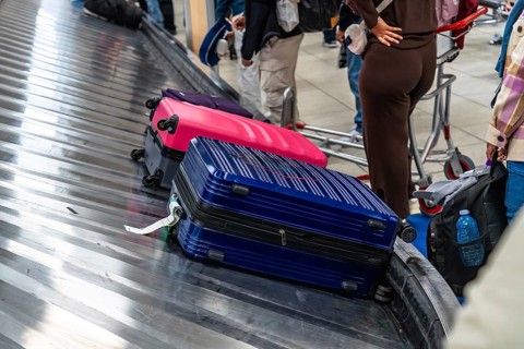 Colorful suitcases resting on an airport baggage claim carousel, while passengers eagerly waiting