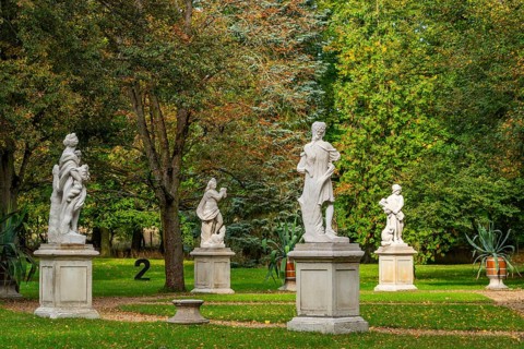 Stone sculptures of Roman and Greek goddesses and gods, Wiepersdorf Castle Park, Wieperdorf,