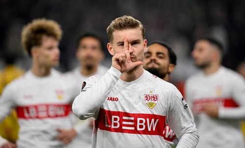 Goal celebration Maximilian Mittelstädt VfB Stuttgart (07) Europa League, MHPArena, MHP Arena