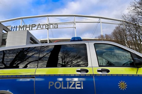 High security game VfB Stuttgart versus Maccabi Tel Aviv FC, police vehicle in front of stadium,