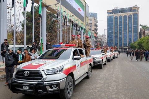 Aleppo, Syria – December 08, 2025: The Syrian Army and Public Security forces hold a military