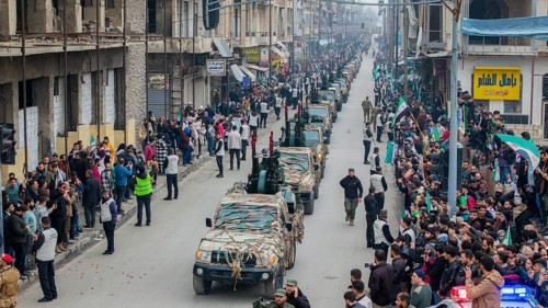 Aleppo, Syria – December 08, 2025: Aerial shots capture the Syrian Army and Public Security forces