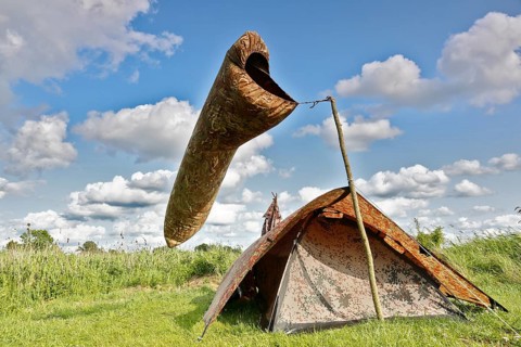 Camp of a nature photographer, pictorial representation of wind, windsock, Peenetal nature park