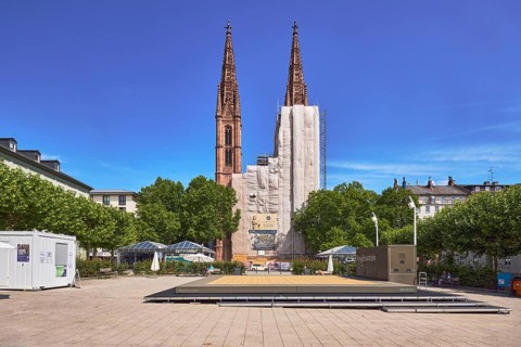 St. Boniface Catholic Church, scaffolding, renovation, concrete paving square, trees, general