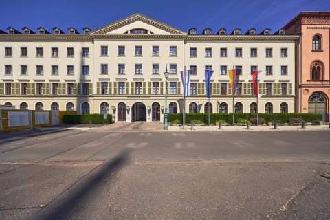 Hessian state parliament, former court marshal office, architectural style classicism, flagpoles,