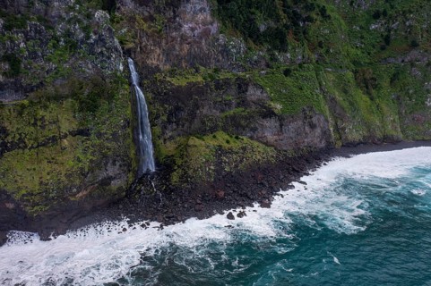 Waterfall flows into the sea, Miradouro do Véu da Noiva, Madeira, Portugal