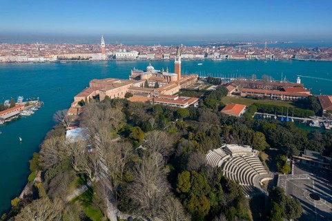 Aerial view, Isola di San Giorgio Maggiore, San Marco Basin, Venice, Veneto, Italy
