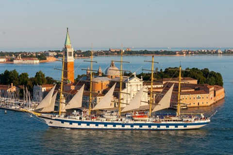 View of the Star Clippers cruise ship from Campanile, in front of Isola della Giudecca, Venice,