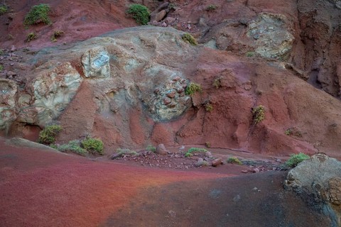 Volcanic soil, colorful soil, red, erosion, near Miradouro da Ponta do Rosto, Madeira, Portugal