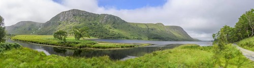 Panorama with waterfall and mouth of the Owenacoo River into Lough Beagh, Glenveagh National Park,