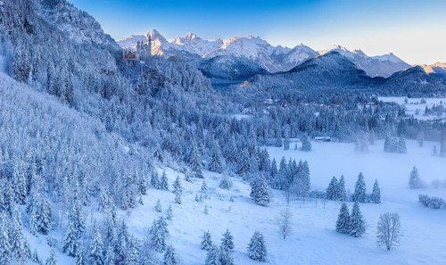 Winter mountain landscape with snow-covered trees and light fog in the valley, Neuschwanstein